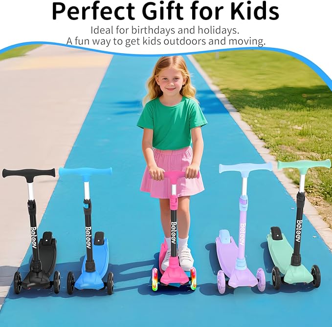 BELEEV Scooters for Kids 3 Wheel Kick Scooter for Toddlers Girls Boys, 4 Adjustable Height, Lean to Steer, Light up Wheels, Extra-Wide Deck, Easy to Assemble for Children Ages 3-12 (Rose Pink)