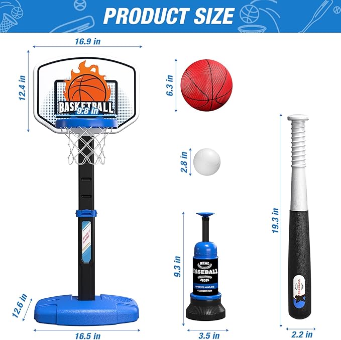 2 in 1 Toddler Basketball Hoop and T Ball Set with Automatic Pitching Machine - Adjustable Height, Kids Basketball Hoop Suit for Indoor/Outdoor, Sport Toys Gifts for Boys Age 3-5, Black