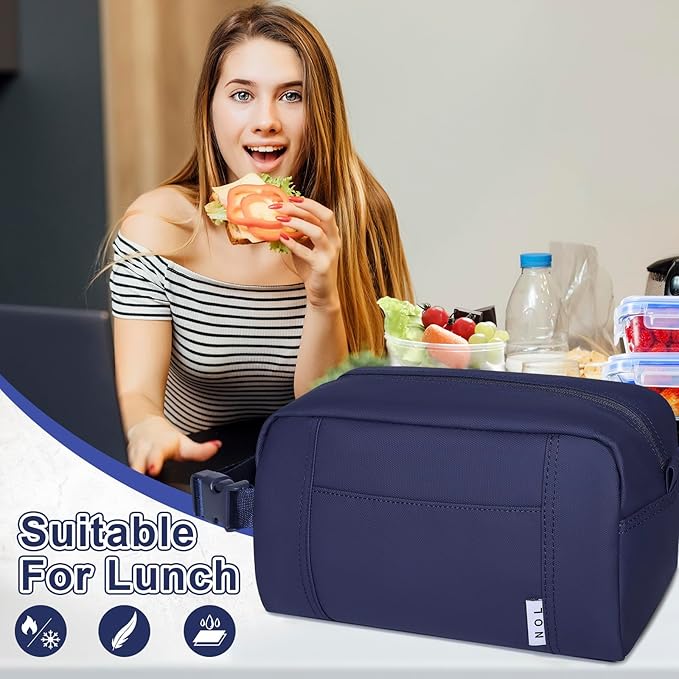 NOL Natural Organic Lifestyle Freezable Snack Bag, Leakproof Cooler Lunch Bag, Reusable, Zip Closure with Buckle Handle Nylon Waterproof Snack Box for Work Travel-Navy blue