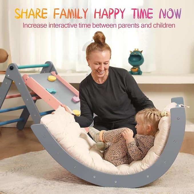 Pikler Triangle Set with Cushion, 7 in 1 Toddler Climbing Toys Indoor, Montessori Foldable Climbing Set, Wooden Climbing Toys for Toddlers Inside with Ramp, Arch and Ladder (Rainbow with Blue)