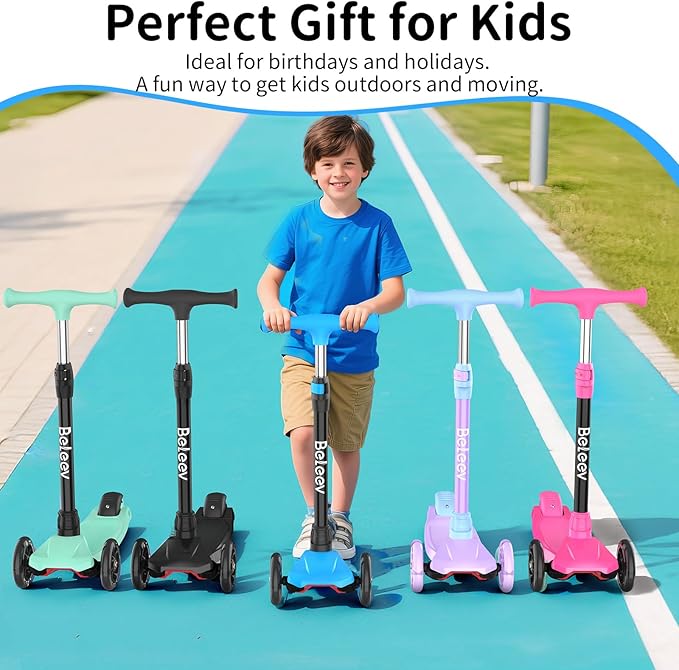 BELEEV Scooters for Kids 3 Wheel Kick Scooter for Toddlers Girls Boys, 4 Adjustable Height, Lean to Steer, Light up Wheels, Extra-Wide Deck, Easy to Assemble for Children Ages 3-12 (Rose Pink)