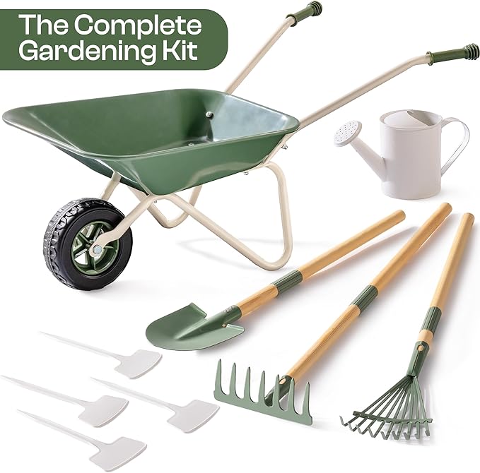 ROBOTIME Kids Wheelbarrow with Gardening Set – Metal Wheelbarrow Toddler Outdoor Play Toy with Garden Tools, Watering Can & Plant Labels, Pretend Play Yard Equipment for Boys and Girls (Green)
