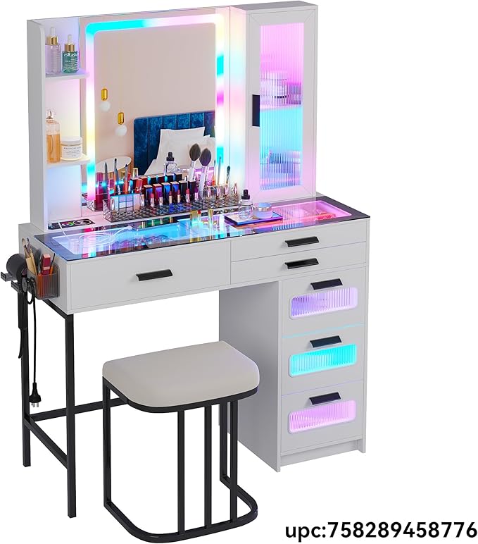 HENBC Vanity with Mirror and LED Lights, Glass Top Vanity Desk with Charging Station(Wireless+USB+Type-C), RGB Makeup Table Set with Stool/Makeup Organizer/6 Drawers (White)
