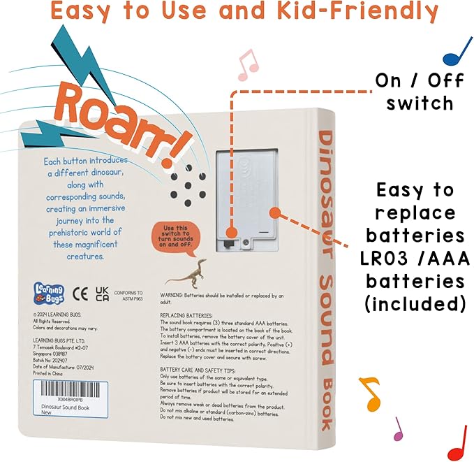 LEARNING BUGS Dinosaur Sound Book for Kids 3-5, 28 Realistic Sounds. Explore Land, Sky, & Sea Dinosaurs, Perfect Educational Toy and Gift for Toddlers