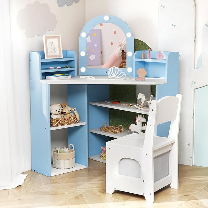Costzon Kids Vanity with Lights, Corner Vanity Desk with Mirror, Storage Shelves, Wooden Princess Toddler Makeup Dressing Table, Kids Vanity Table and Chair Set for Little Girls (Blue)