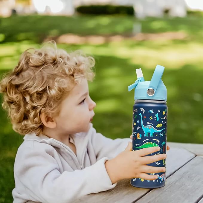 18oz Kids Insulated Water Bottle with Straw Lid - 18/8 Stainless Steel Kid Cup BPA-FREE Travel Tumbler Double Wall Vacuum Leak Proof Portable Toddler Water Bottle(Dinosaur)