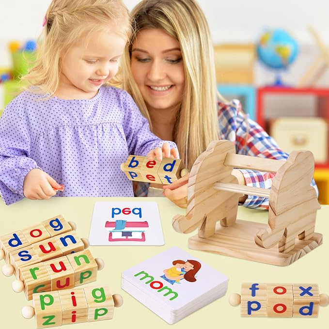 Montessori Learning and Educational Toys Gifts for Kids 3 4 5 Years, Wooden Reading Blocks Toys, Learning Activities for Preschool Kindergarten, Turning Rotating Matching Flash Card Games