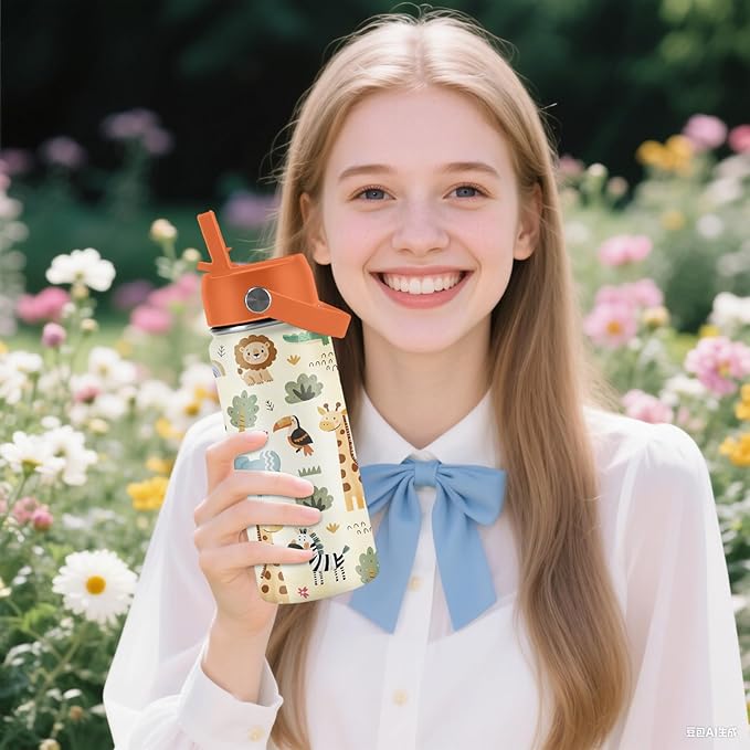 16oz Kids Wild Animal Water Bottle with Straw Lid, Stainless Steel Insulated Tumbler, Leakproof, BPA-Free, for Boys & Girls, Travel - Forest Friends Nature Lovers Birthday Gift Cup (1pc)