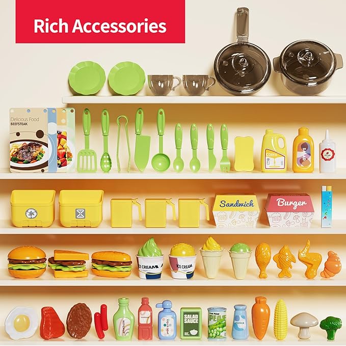 Kids Kitchen Playset, Play Kitchen with Stove, Grill, Sink, Play Food, ToyKitchen Accessories, Cooking Kitchen with Lights Sound Steam, Pretend Play Toys for Kids Toddler