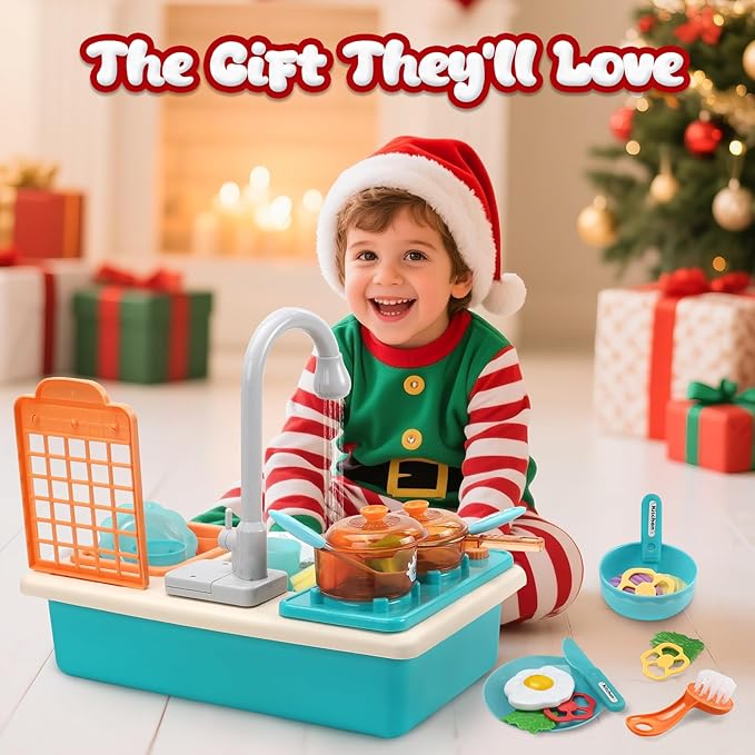 CUTE STONE Play Kitchen Sink Toys with Upgraded Real Faucet, Play Cooking Stove, Cookware Pot and Pan,Play Food, Color Changing Dishes Accessories for Boys Girls Toddlers