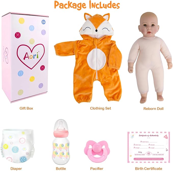Aori Baby Dolls - 17 Inch Real Life Doll with Ultra Soft Body & Fox Outfits for Girls 3+ | Pretend Play, Adoption Day, Photography Prop, Collectible