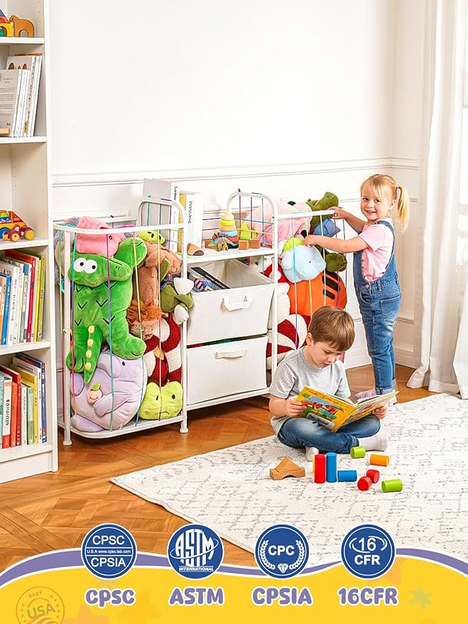 VBABY Kids Bookshelf and Toy Storage, Large 3-in-1 Book Shelf for Kids Rooms, Toddler Stuffed Animal Zoo, Toy Storage Organizer for Playroom, Montessori Bookshelf for Nursery, White