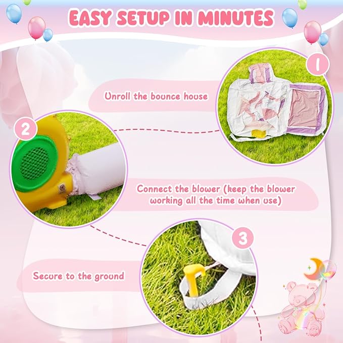 Inflatable Bounce House for Kids, White Bounce House with Slide, Jumping Bouncy Castle for Kids Birthday Party, Wedding, Backyard Indoor/Outdoor Purple (with Blower)