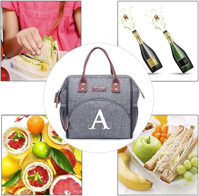 Personalized Lunch Box for Women, Initial Reusable Insulated Lunch Bag, Wide-Open Adult Lunchbox Cooler Lunchbag, Leakproof Lunch Tote for Picnic Work Outdoors, Christmas Gift for Women, Grey - G