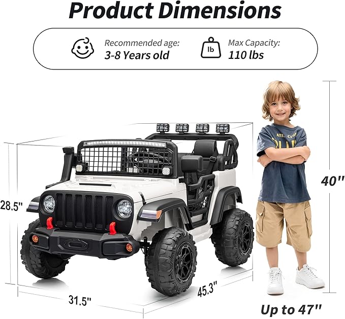 2 Seater Ride on Car Toy, 12V Electric Car for Kids 4-8 with Remote Control, Capacity 110 lb, LED Light - White