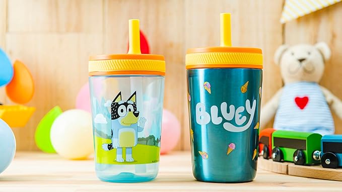 Zak Designs Bluey Kelso Tumbler Set, Leak-Proof Screw-On Lid with Straw, Bundle for Kids Includes Plastic and Stainless Steel Cups with Bonus Sipper, 3pc Set