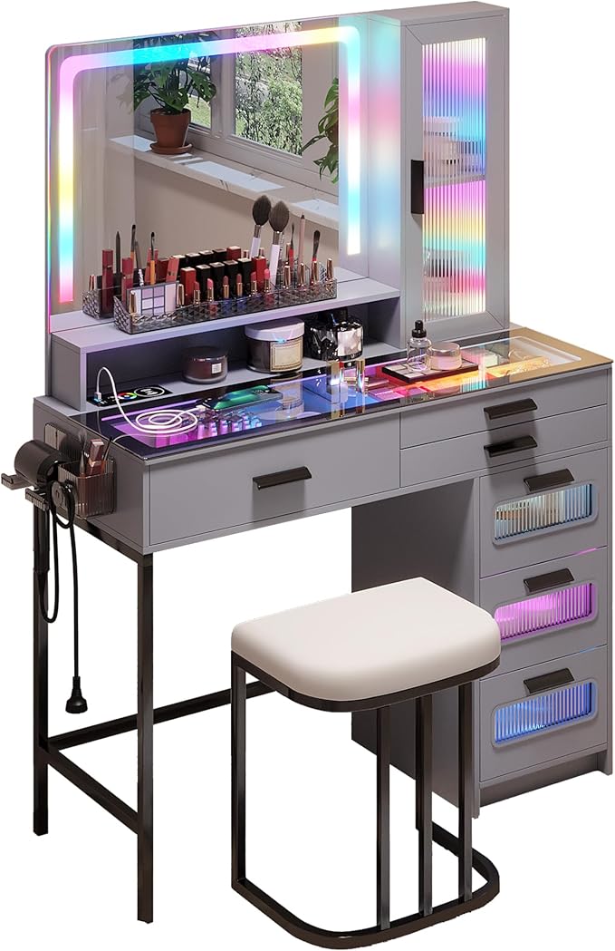 HENBC Vanity with Mirror and LED Lights, Glass Top Vanity Desk with Charging Station(Wireless+USB+Type-C), RGB Makeup Table Set with Stool/Makeup Organizer/6 Drawers for Bedroom,Grey