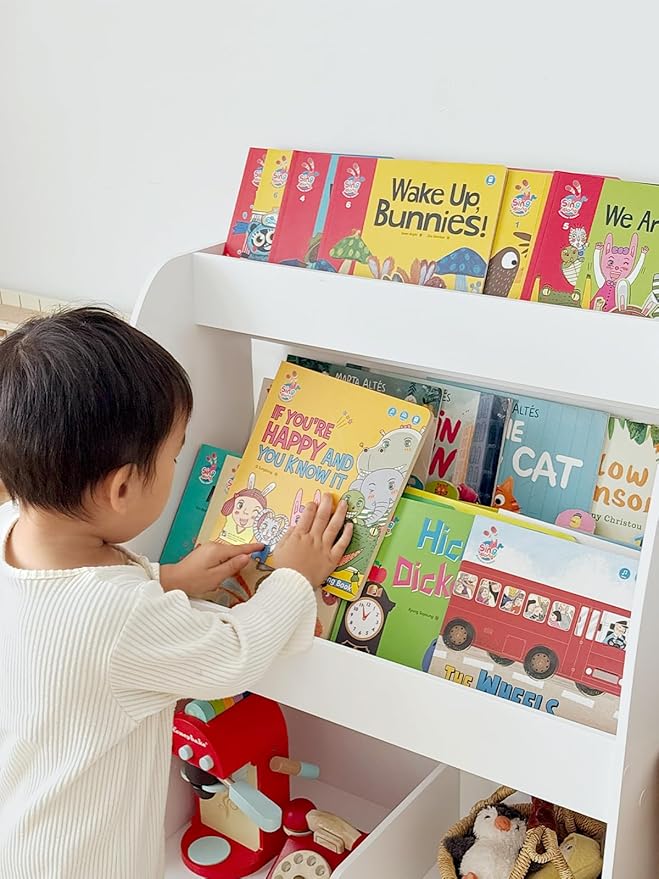 Wooden Kids Bookshelf and Toy Storage, 3-Tier Montessori Book Display Shelf for Toddler Kids Room, Nursery, Playroom, Classroom, White