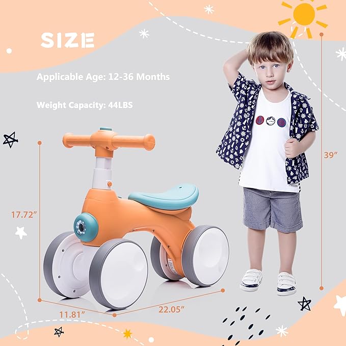 Baby Toddler Balance Bike with Bubble Machine for 1 Year Old Children,4 Wheels Kids Balance Bike w/Bubble Maker,Kids Ride on Toys,Headlight for Ages 12-36 Months Boys Girls (Orange&Green)