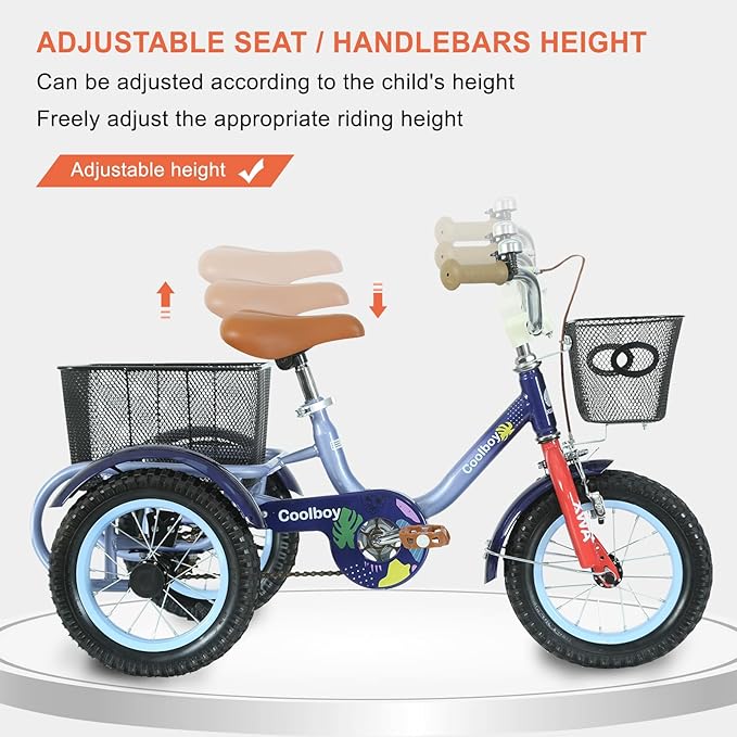 12 inch Trike,Kids Tricycle,Kids Trike,for Ages 3+ Beginner Riders, with Front Rear Basket and Passenger Seat, for Shopping Picnic Outdoor Kids Playground Sports,Multiple Colors