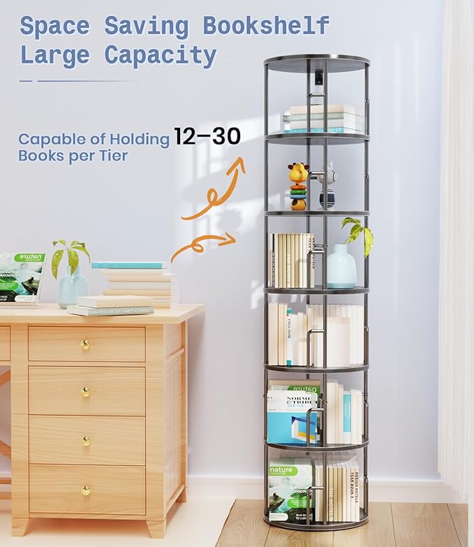 6 Tier Rotating Bookshelf Tower Round Black,74”Tall Spinning Bookshelf Tower Anti-Tipping Design,Metal & Wood Standing Revolving Bookcase Stackable Space Saving for Small Spaces,Study,Living Room