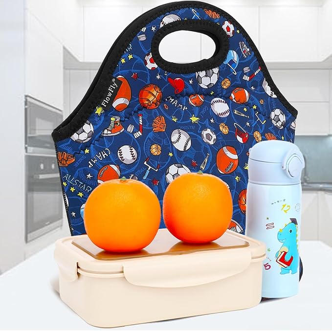 FlowFly Neoprene Kids Lunch box Insulated Soft Bag Mini Cooler Thermal Meal Tote Kit for Boys, Girls,Men,Women,School,Work, Office, FootBall