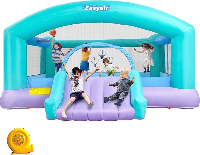 Large Bounce House for Big Kids, 14.8 x 14.5 FT Inflatable Bouncer Jumper Slide with 650W Blower, Basketball Hoop, Throw Ball Game, Ball Pits