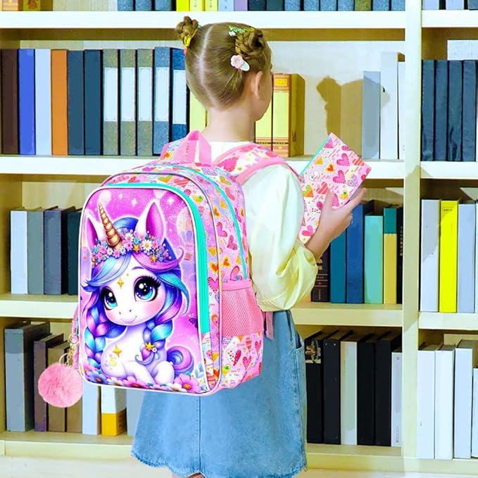 CCJPX 3Pcs Unicorn Backpack for Girls, 16” Kids Bookbag with Lunch Box, Water Resistant Elementary School Bag for Kindergarten Preschool Toddler (Pink)