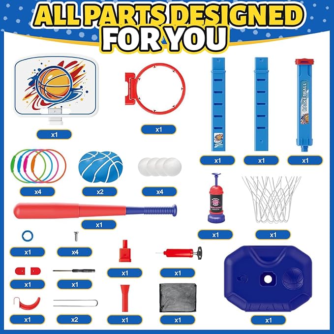 4 in 1 Kids Basketball Hoop Ring Toss T Ball Set - Adjustable Height Basketball Hoop & Baseball Pitching Machine & Batting Tee & Toss Game, Indoor Outdoor Toys Gifts for Toddler Boys Girls Age 3-12