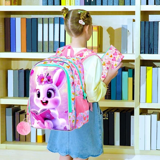 CCJPX 3Pcs Bunny Backpack for Girls, 16” Kids Bookbag with Lunch Box, Water Resistant Elementary School Bag for Kindergarten Preschool Toddler (Pink)