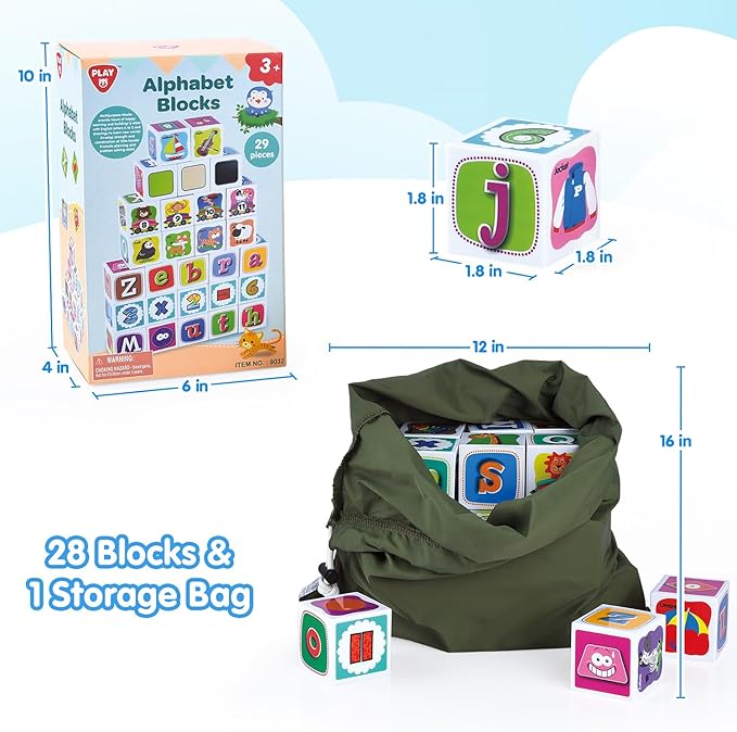 PLAY ABC Building Blocks for Toddlers 1-3, 28 PCS Plastic Baby Alphabet Letters Number Stacking Blocks Set, Preschool Learning Educational Montessori Sensory Toys Gifts for Kids Girls Boys