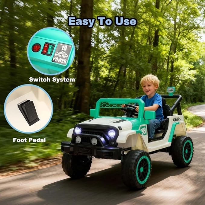 12V Kids Car, 4x4 Electric Car for Kids with Remote Control, LED Headlights & Music, Ride-On Truck Toy Gift for Boys Girls 3-8 Years (Jade Green & White)
