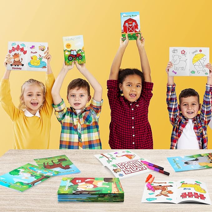 BenLouis 12 Farm Animals Mini Coloring Books Kids with 12 Stacking Crayons Cow Horse Barn Party Favors Small Activity Books Bulk for Kids Farm Birthday Party Gift Goodie Bag Stuffers