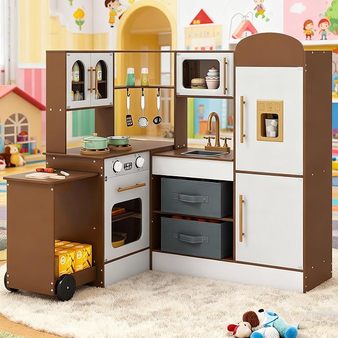 Costzon Corner Play Kitchen, Little Chef Pretend Play Kitchen w/Real Light & Sound, Pull-Out Cart, Fabric Bins, Stoves, Ice Maker, Microwave, Oven, Wooden Kitchen Playset for Kids Ages 3+ (Coffee)