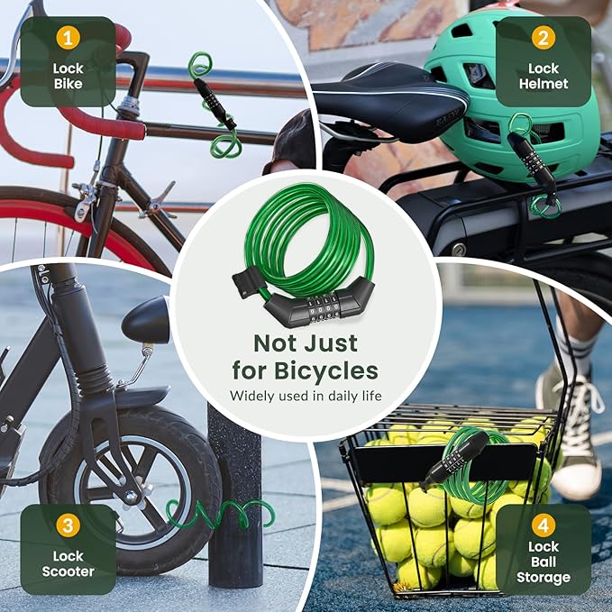Titanker Bike Lock Cable, 4 Feet Bike Cable Lock Basic Self Coiling Kids Bike Lock Combination with Complimentary Mounting Bracket, 5/16 Inch Diameter (4FT, Green-8mm)