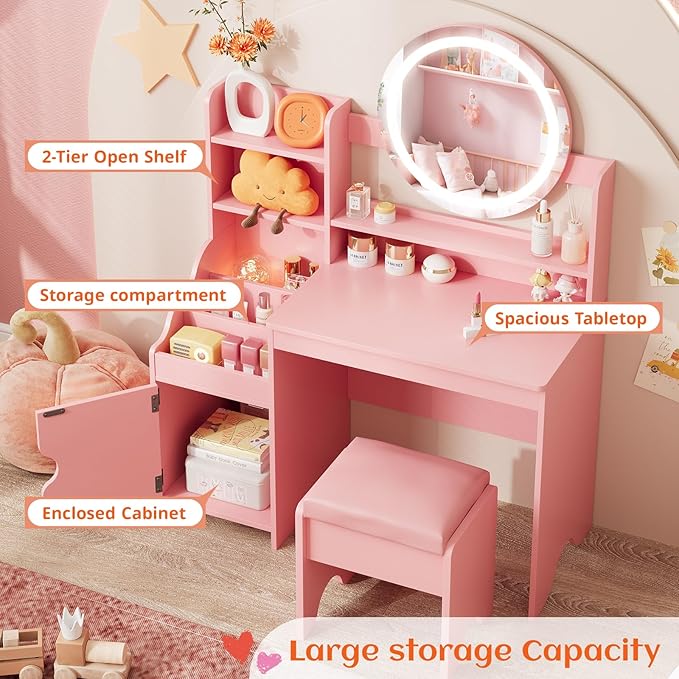 Vabches Kids Vanity with Lights, Princess Makeup Vanity Desk with Open Bookshelf, Storage Cabinet & Shelves, Toddler Vanity Table and Chair Set, Pretend Play Vanity Set for Little Girls, Pink