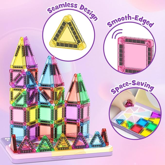 42-Piece Mini Magnetic Tiles Travel Set with Metal Storage Box - Portable STEM Building Blocks for Kids Ages 3-8, Montessori Educational Toys for Airplane & Car Rides, Gift for Boys & Girls