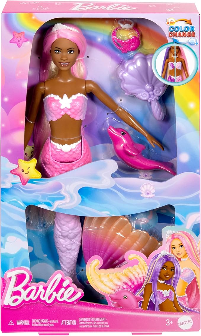 Barbie Mermaid Doll, “Brooklyn” with Pink Hair, Styling Accessories, Pet Dolphin and Water-Activated Color Change Feature, HRP98