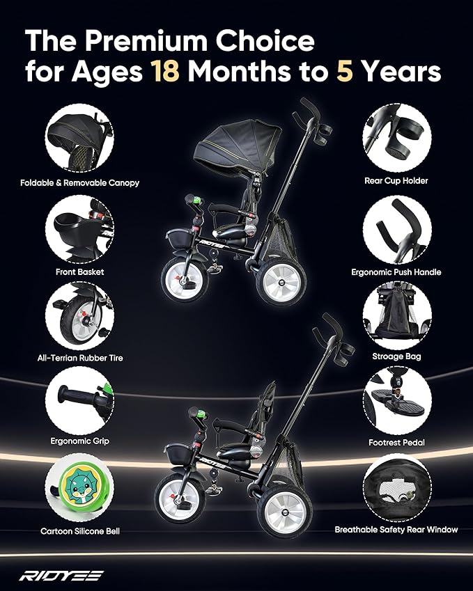 7-in-1 Folding Toddler Tricycle for 18 Months to 5 Years, Tricycle Stroller with Dual Brakes, All-Terrian Rubber Tire, Tricycle for Toddlers with Rotatable Seat, Adjustable Push Handle, Black