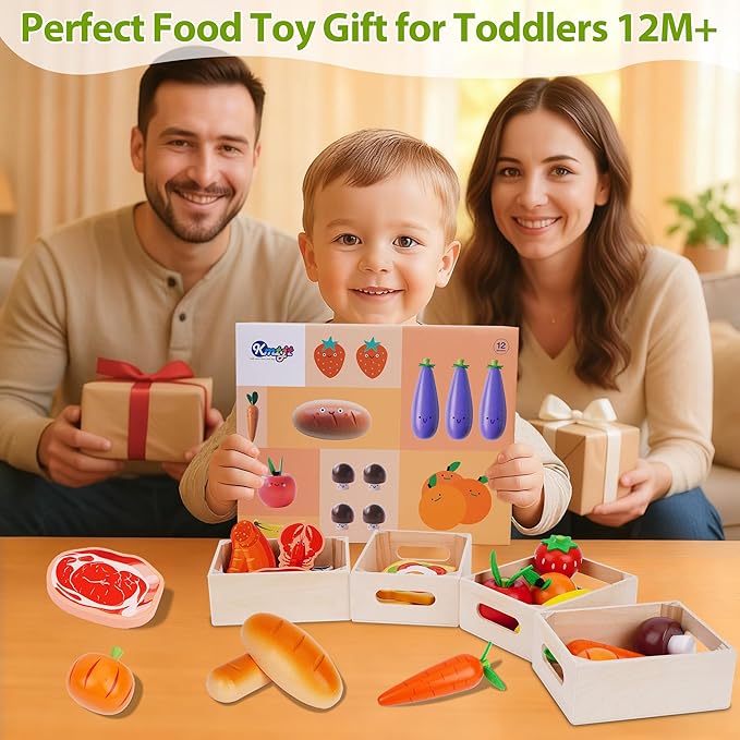 KMTJT Wooden Play Food for Toddlers 1-3 | 46 PCS Toy Food with Play Money for Pretend Play Kitchen Accessories | Wood Play Fake Food Sorting Toys for 12-18 Months Boys Girls | 1st Birthday Gifts