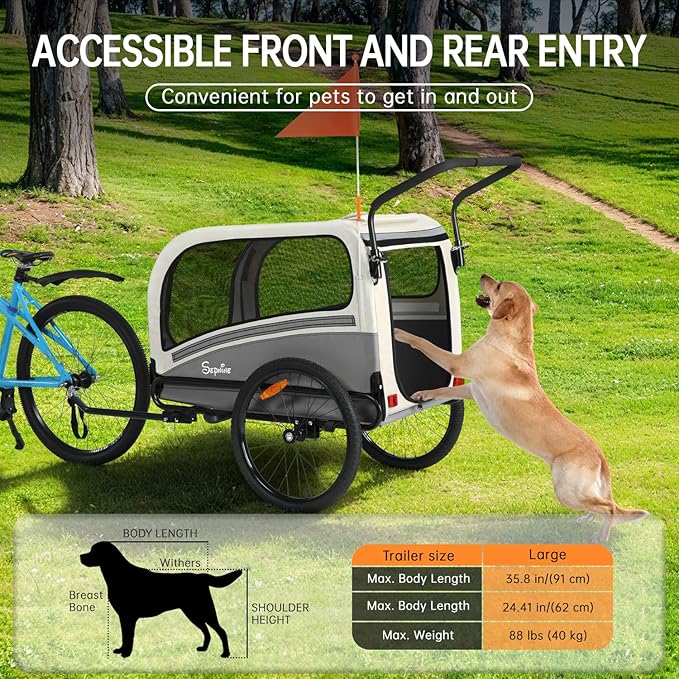 Sepnine Dog Bike Trailer, Supports up to 88 lbs, 2-in-1 Pet Stroller Cart Bicycle Carrier, Easy Folding Cart Frame with Quick Release Wheels, Universal Bicycle Coupler, Non-Slip Floor, Internal Leash