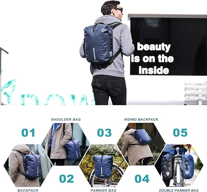 Rhinowalk Bike Pannier Bag, Waterproof Rack Bicycle Bag 20L, Bike Bag Shoulder Bag Laptop Pannier Backpack Professional Cycling Accessories