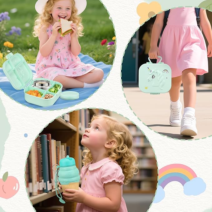 Kids Lunch Box Set -12oz Insulated Food Jar, Thermal Bag,Leakproof Lunch Food Containers Cutlery (BPA Free)-Gift for Girls/Boys Age 3-10(Green)