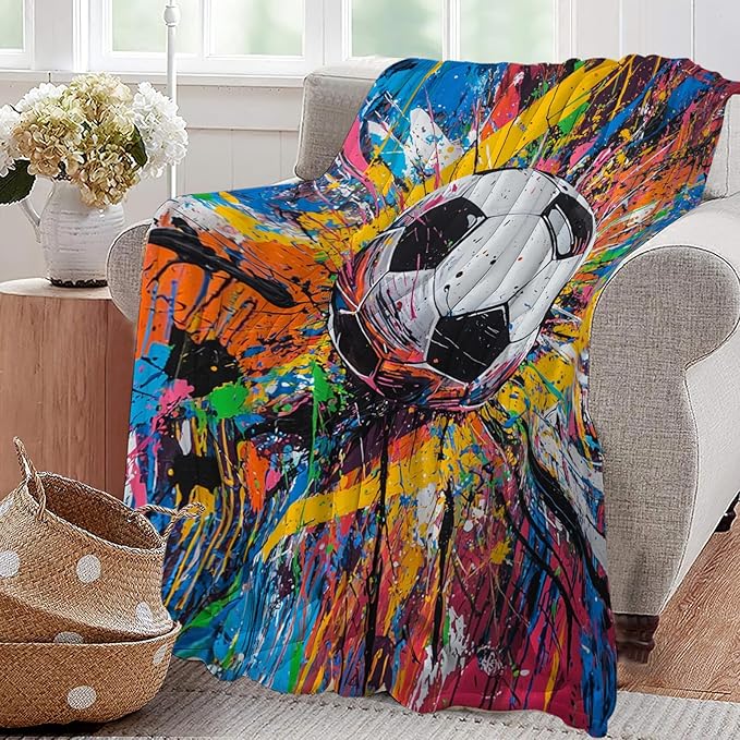 Graffiti Soccer Blanket Banksy Sport Throw Blankets Gifts for Girls Boys Kids Soccer Lover Soft Cozy Fleece Plush for Couch Sofa Bed 50"x40"