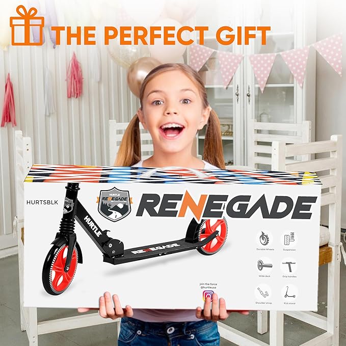 Hurtle Renegade Kick Scooter for Kids, Teenagers & Adults - 2-Wheel Folding Scooter with Adjustable T-Bar Handlebar - Alloy Anti-Slip Deck