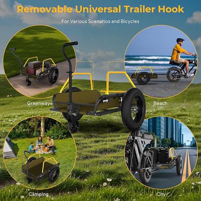 2 in 1 Bike Cargo Trailer and Wagon Cart, Bike Trailer with 360°Swivel Caster, Supports up to 150 lbs, Detachable Bicycle Trailers with 16"×3" Fat tire, Quick Release Wheel & Double Suspension