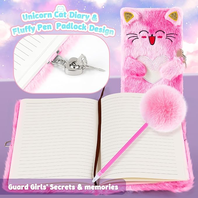 13PCS Unicorn Cat Toys Gifts for Girls 4-6 7 8 9 10 Years Old, Girls Birthday Gifts Set with Light Up Star Pillow DIY Water Bottle Kits, for Daughter Niece Christmas Birthday Baskets for Kids