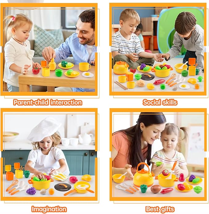 56Pcs Mini Play Kitchen Accessories for Kids, Pretend Cooking Playset with Cookware, Tableware & 2 Fruit Sets, Learning Gift for Girls, Boys, Toddlers, Yellow