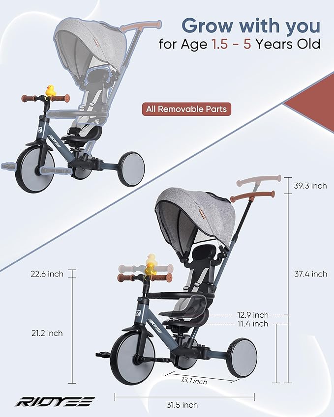 8-in-1 Tricycle for 1.5-5 Years, Tool-Free Switch, Toddler Tricycle with Parent Steering Control Handle for 1.5 to 5 Yrs, Toddler Trike 1.5-3 Years with 5-Point Harness and Large Canopy, Grey
