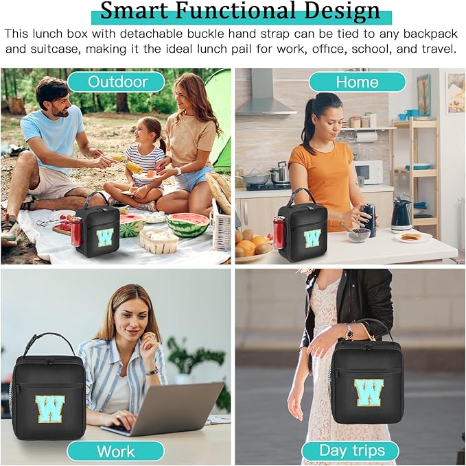 Initial Insulated Lunch Bag, Lunch Box with Initial Letter Patch for Teen Adult, Reusable Lunch Bag for Men Women, Ideal Back to School Gift Birthday Gift, Blue W